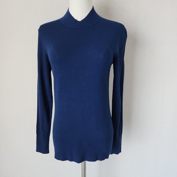 M.M.LAFLEUR Mock Neck Sweater Pullover Italian Viscose Blend Navy Blue - Picture 2 of 11